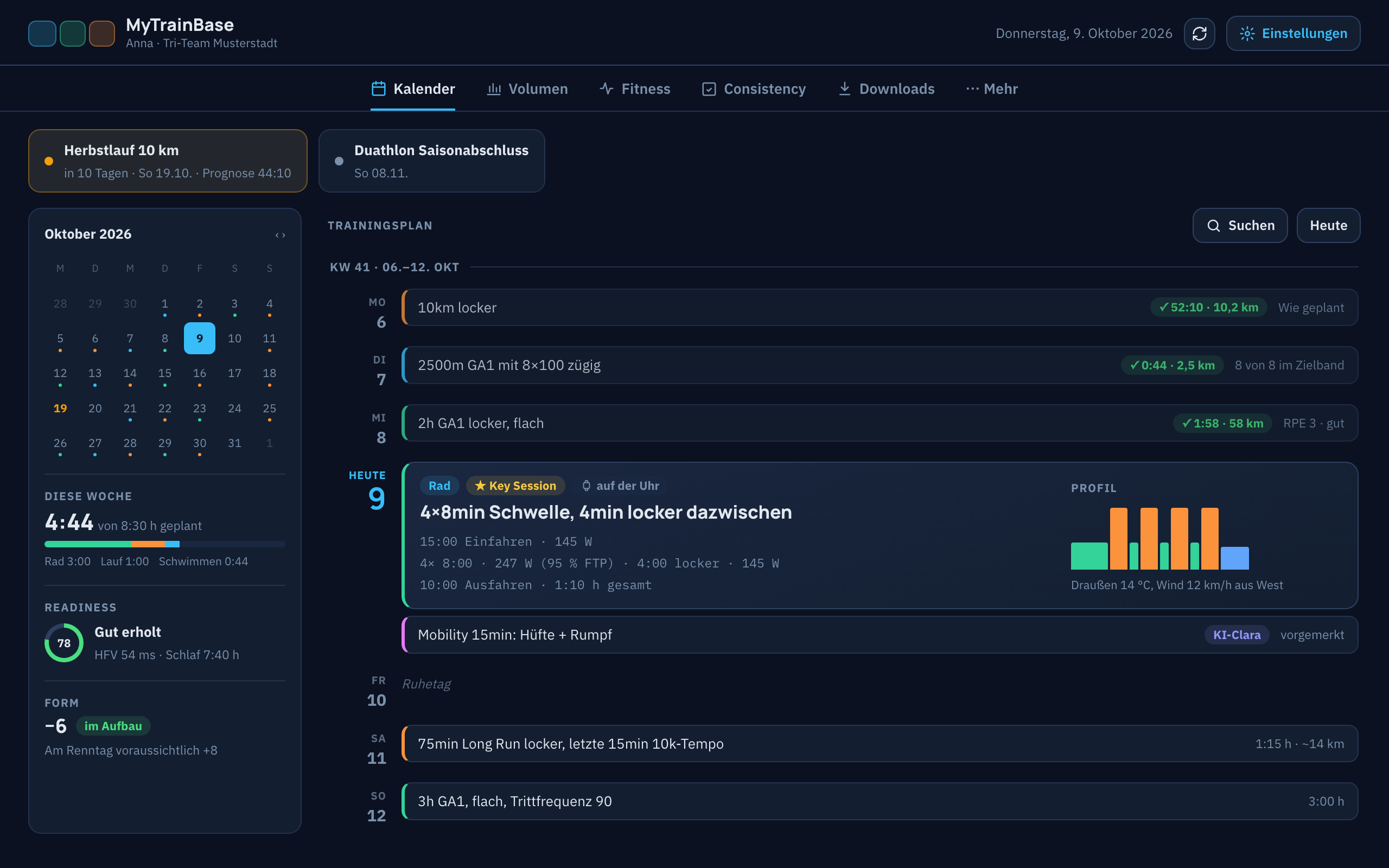 Kalender der App: Wochenfeed mit erledigten Einheiten, heutiger Schwellen-Einheit mit Watt-Zielen und einer vorgemerkten Mobility-Einheit von KI-Clara